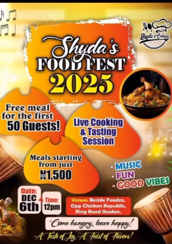 AnyRev's tweet photo. There are events for everyone this December!😇

Here are some food festivals for food lovers!✨️😋🍲

1. Amala festival 4.0
December 6th
Adamasingba stadium, Ibadan

2. Shyda's Food Fest
December 6th
Ring road, Ibadan

3. Food farm, Mega Verse
December 6th
Surulere sectariat https://t.co/d9gWoqLrdz