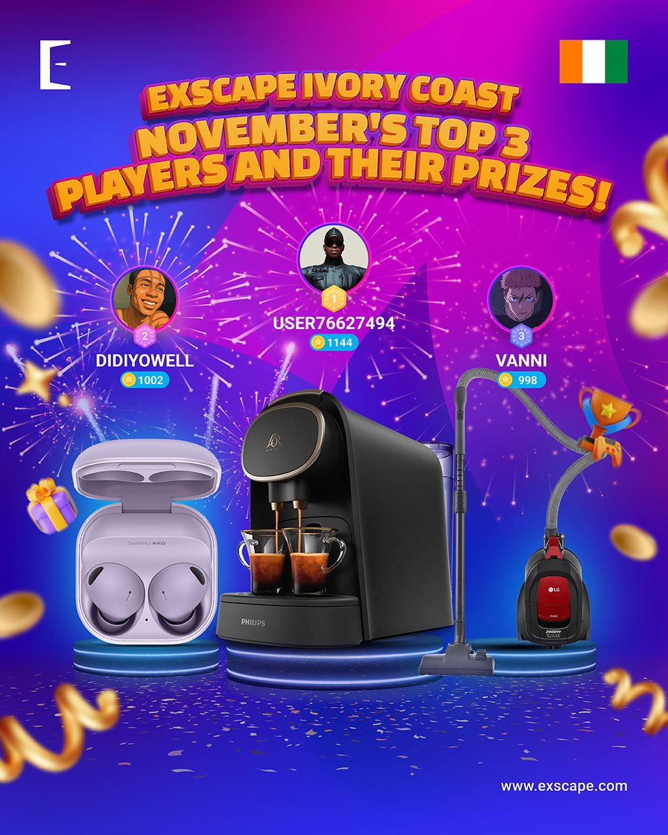 ExscapeOfficial's tweet image. Celebrating our November Monthly Winners and Top Players in Ivory Coast! 🇨🇮

Well played, everyone!🙌

#ExscapeWinners #ExscapeCotèdIvoire #GamingInCotèdIvoire #Cotedivoire #PlayAndWin #GamingRewards