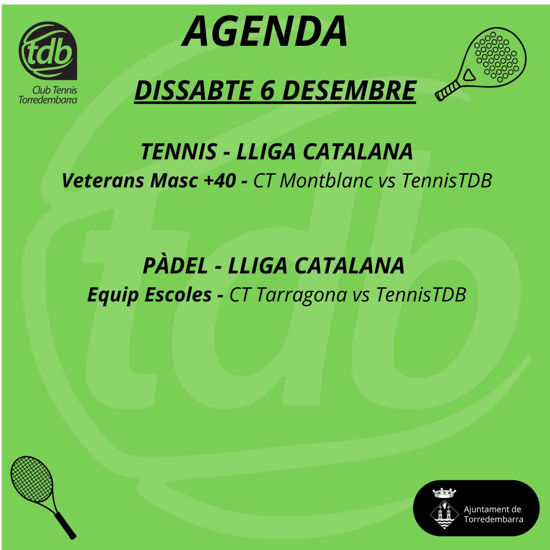 TennisTDB's tweet photo. CLUB | Aquí us deixem l'agenda dels enfrontaments i activitats del TennisTDB per a aquest proper cap de setmana #Torredembarra #TDBésEsport https://t.co/j886AGacTc
