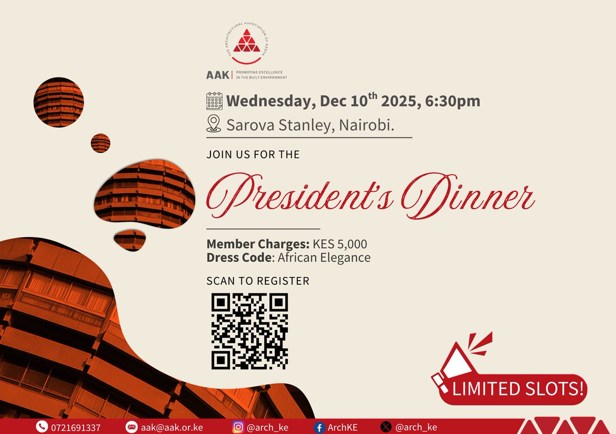 Limited slots! We are delighted to announce the upcoming AAK President's  Dinner on Wednesday, 10th December 2025, starting at 6:30 pm at the Sarova  Stanley hotel. This exclusive offer is reserved for