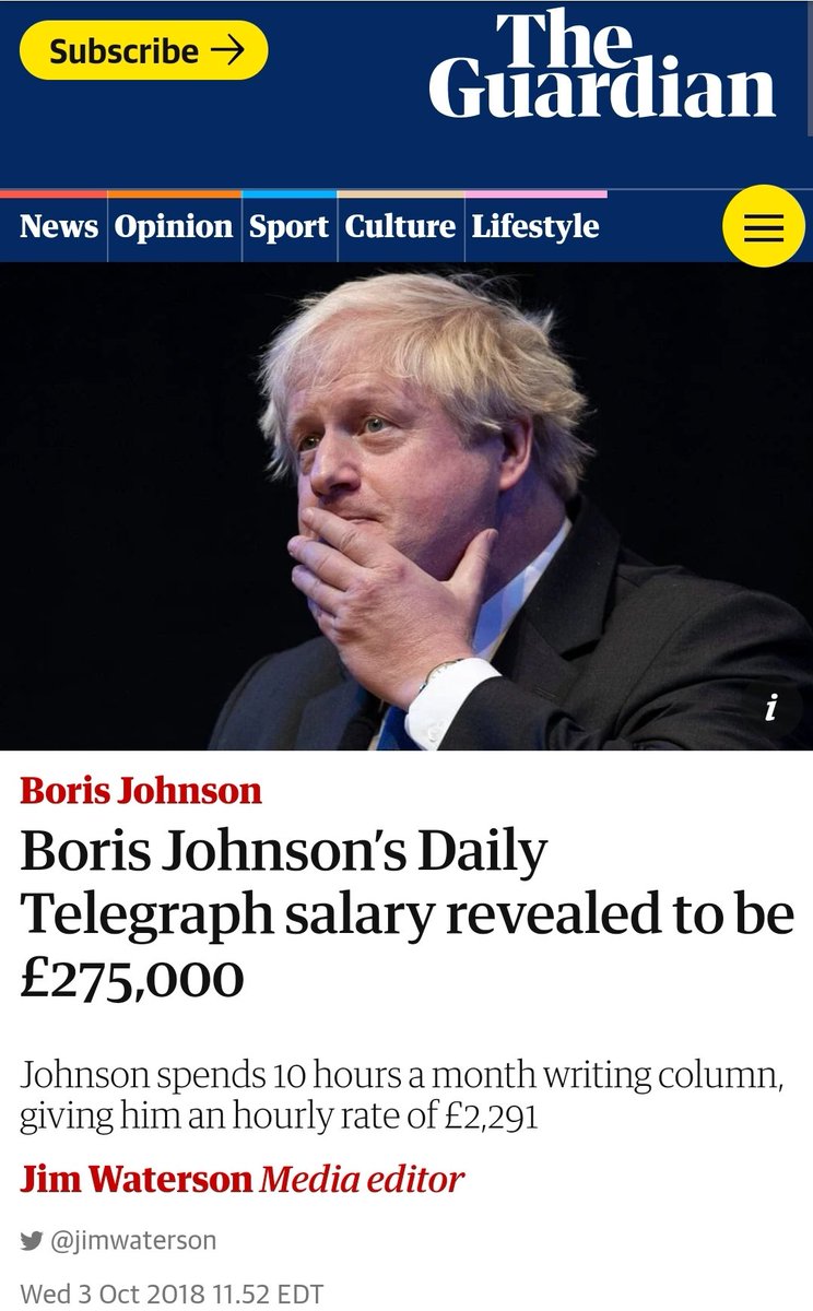 nickreeves9876's tweet image. Boris Johnson was paid £2,291 an hour by the offshore Farageist owners of the Telegraph. He delivered the Brexit they craved. Who had he been working for, them or the British people? Big money payments to parties and politicians must be made illegal. We need a new criminal