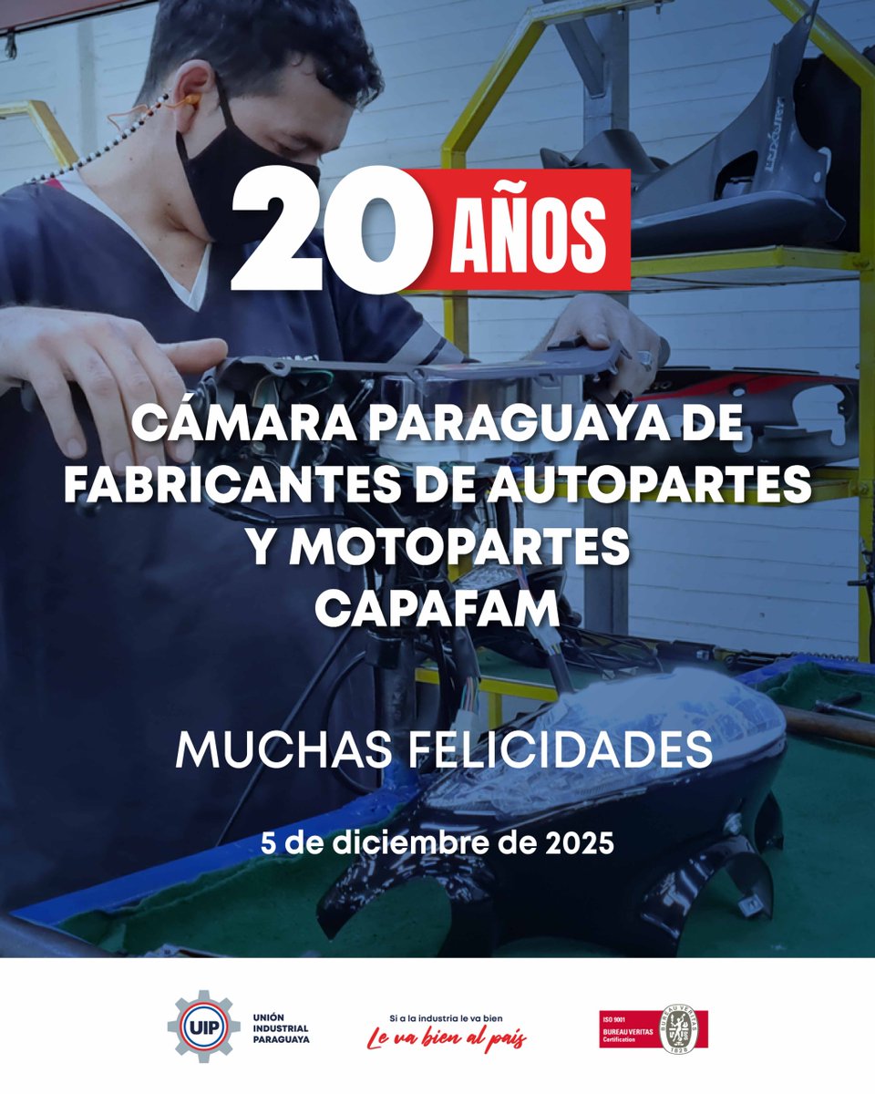 UIP_py's tweet image. 🎉Desde la UIP celebramos el aniversario de una cámara que impulsa innovación, genera oportunidades y reafirma el potencial de la industria nacional.

🚗 Gracias por apostar a la producción local, al talento paraguayo y a un sector que sigue creciendo con visión de futuro.