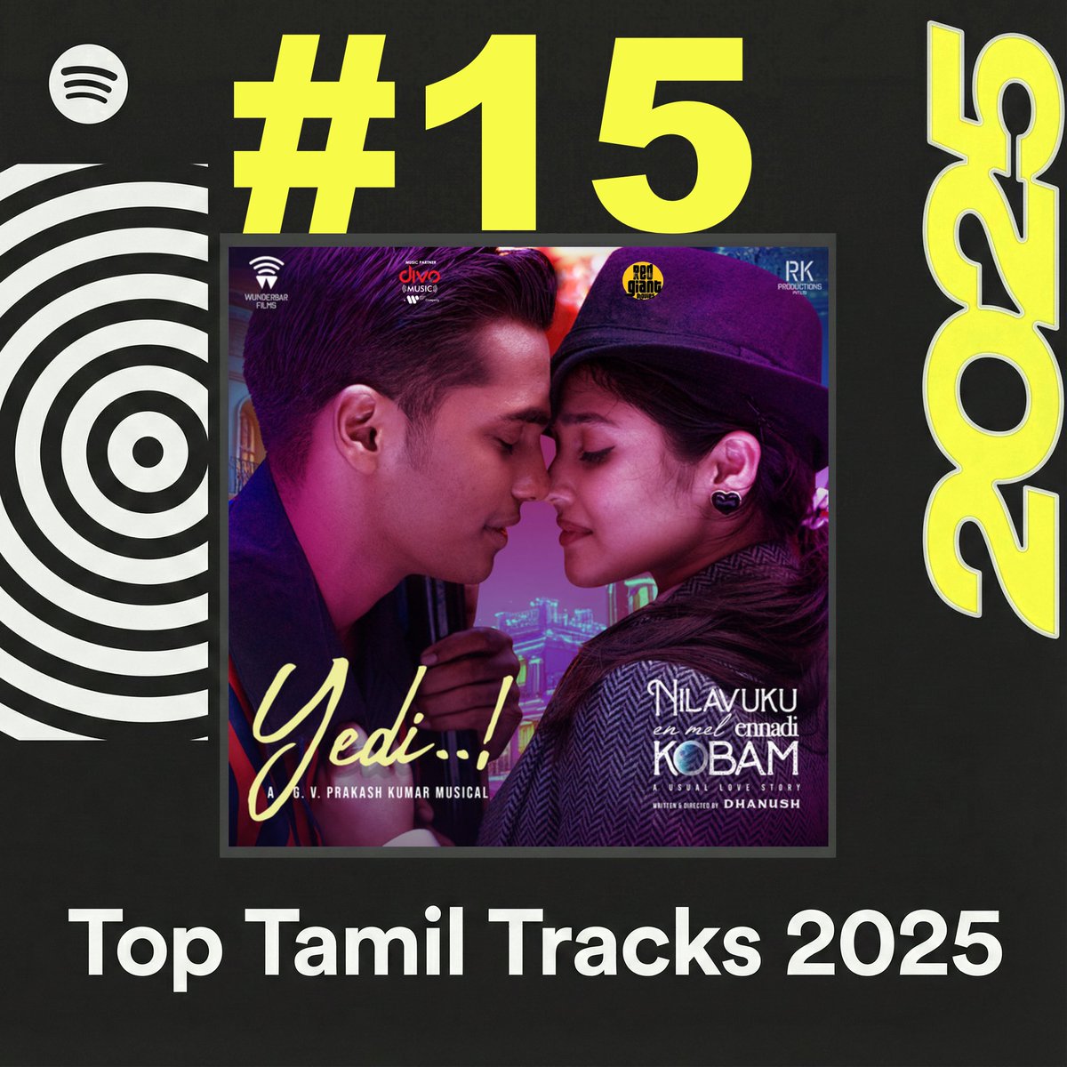 divomusicindia's tweet photo. Rising higher! #Yedi enters the Top Tamil Tracks 2025 at #15 on @spotifyindia 🎧

#GVPrakash #NEEK #Chartbuster #TopTracks2025 #SpotifyIndia https://t.co/3e3UGnXN8B