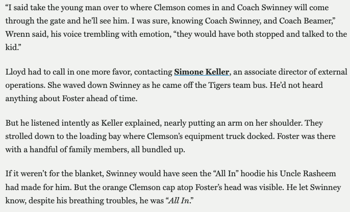 LarryWilliamsTI's tweet photo. Jon Blau is a fantastic storyteller and does a wonderful job going deep on the heartwarming/heartbreaking Tron Foster story and how his meeting with Dabo took shape.
Dabo Swinney has always been 1 of 1 at this type of thing. 
Which is the most important type of thing.
#humanity https://t.co/dK8wDaJRaa
