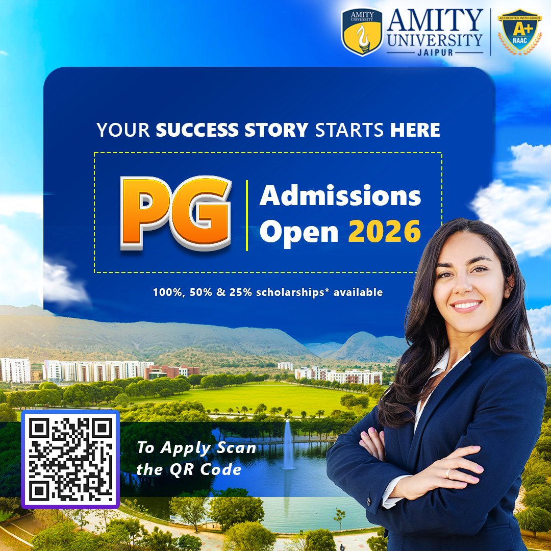 AmityUniJaipur's tweet image. PG Admissions 2026 are now open at Amity University Jaipur! Build your success story with top-ranked programs, expert faculty and merit scholarships.
To apply: hov.to/ffbf09b5 

#Amityuniversity #Amityjaipur #Amityuniversityrajasthan #Jaipur