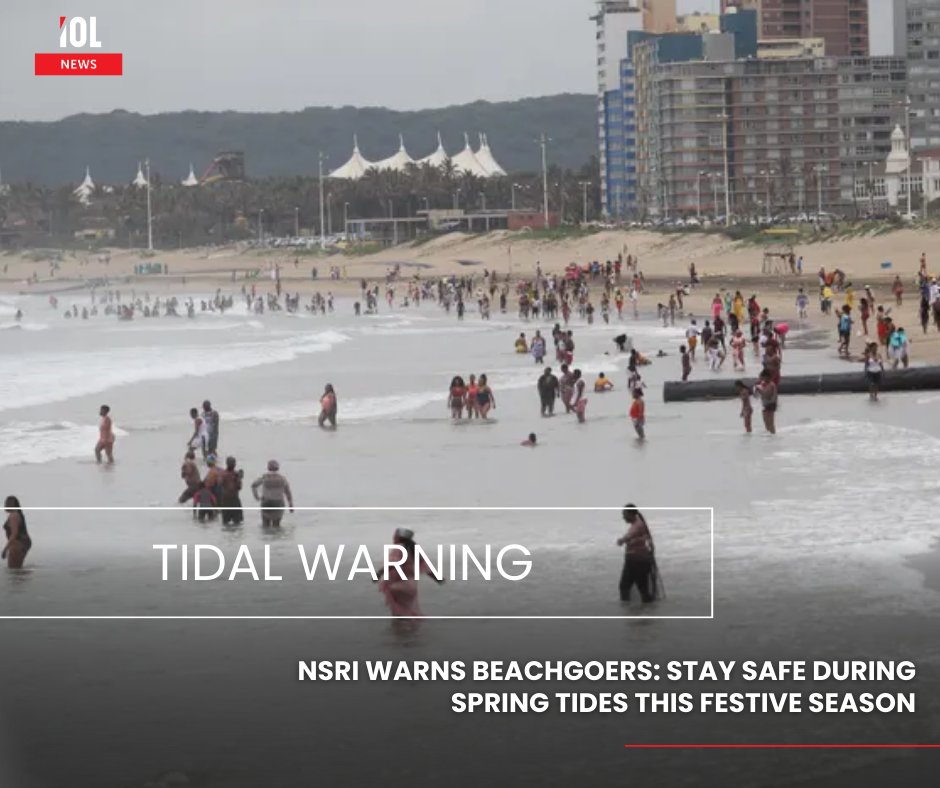 IOL's tweet photo. A surge in dangerous spring-tide conditions has prompted the NSRI to issue an urgent caution to South Africans flocking to the coast after multiple bathers were swept out to sea.
#SpringTide #NSRI #BeachSafety #FullMoonTide #CoastalAlert #SouthAfricaCoast
Read on https://t.co/IOQBbDxnHt