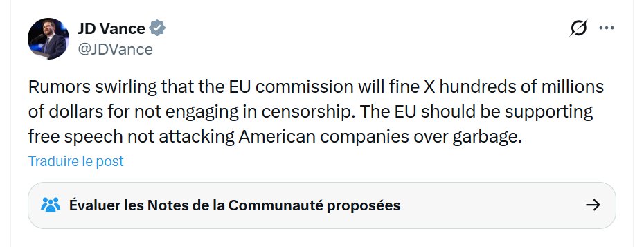 reesmarc's tweet image. On attend les réactions de @realDonaldTrump et @elonmusk pour cette première dans l&apos;histoire du Digital Services Act (#DSA). @JDVance a déjà opposé le #freespeech : &quot;L&apos;UE devrait défendre la liberté d&apos;expression au lieu de s&apos;attaquer à des entreprises US pour des broutilles&quot;