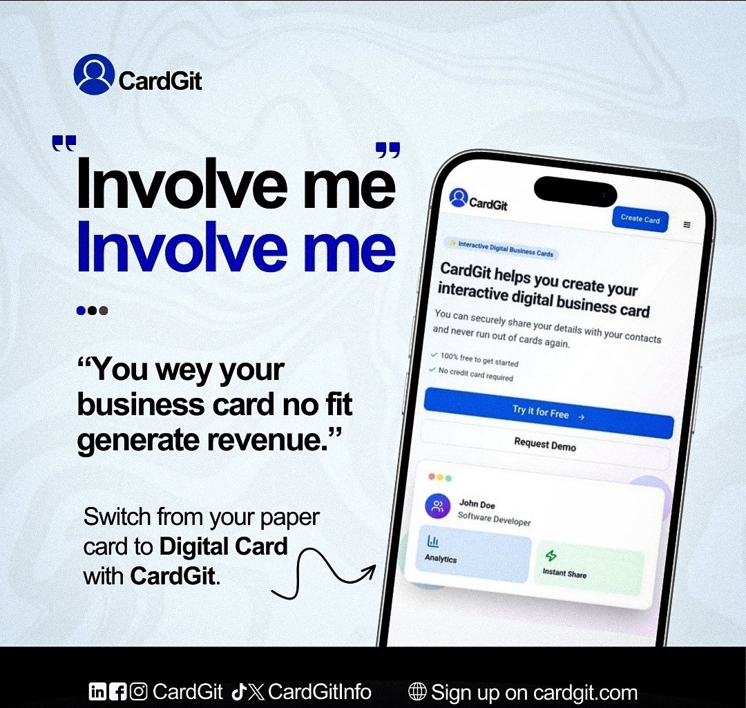 CardGitInfo's tweet photo. How you wan make money if your business card no dey work for you?

CardGit dey turn connection to cash.

....involve us, make we involve your business for real revenue.

#CardGit #DigitalBusinessCard #NoDeyDull #MakeYourCardWork #GrowYourHustle #TechForBusiness #InvolveMe https://t.co/k1nI0vUlpE