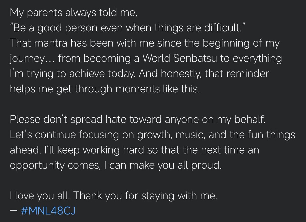 After MNL48 Inc. and DH Co., Ltd.'s statement, MNL48 CJ have shared her own statement, sharing MNL48's Facebook Page post.

#MNL48 ~ <a href="/mnl48official/">MNL48</a>