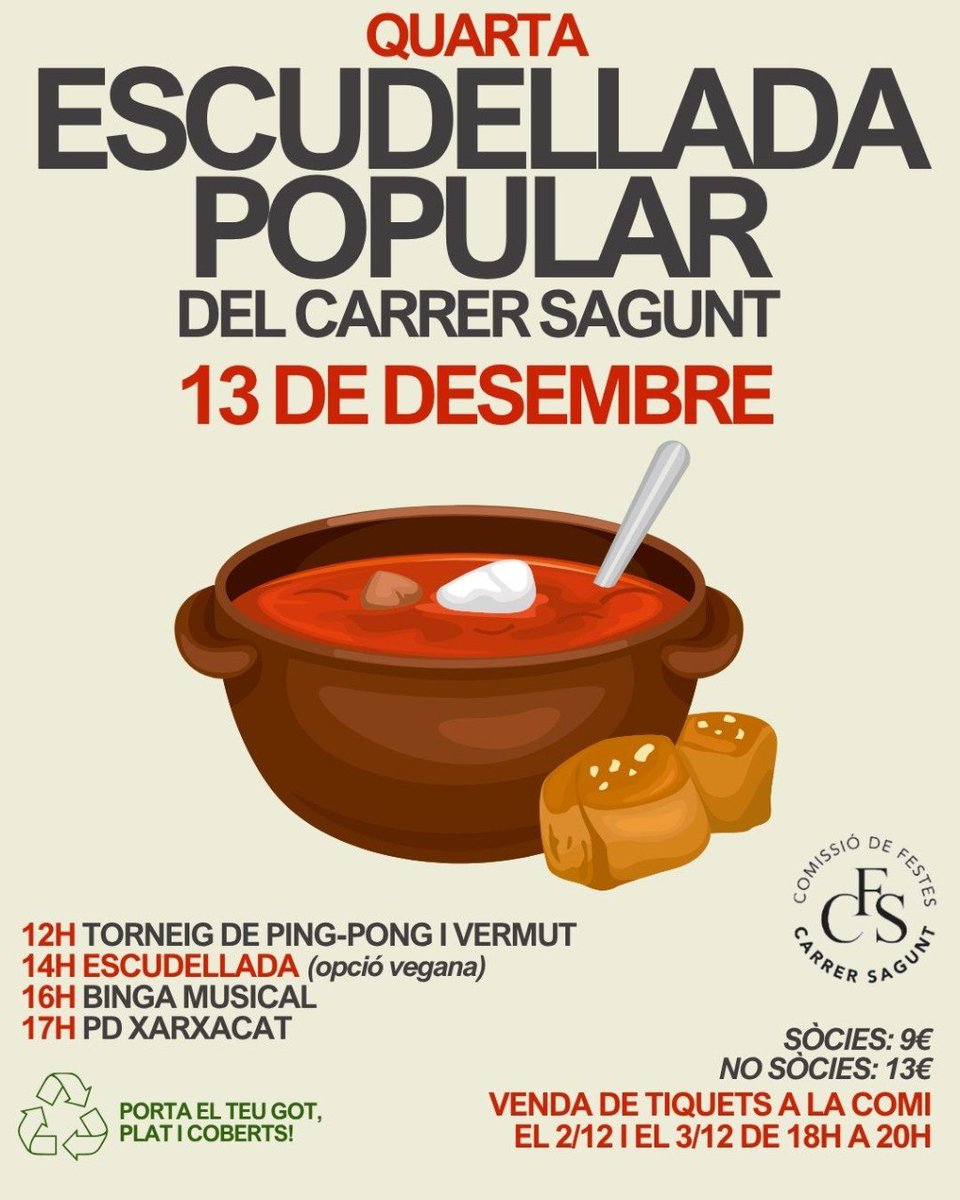 ‼️Dissabte 13 de desembre: ESCUDELLADA POPULAR AL CARRER SAGUNT!
🎫 Tiquets ja esgotats 🥲, però podeu portar-vos un entrepà i venir la resta del dia a ballar! 🕺
#amuntsagunt <a href="/sants3radio/">sants3radio</a> <a href="/Festamajorsants/">Federació FestaMajor</a>