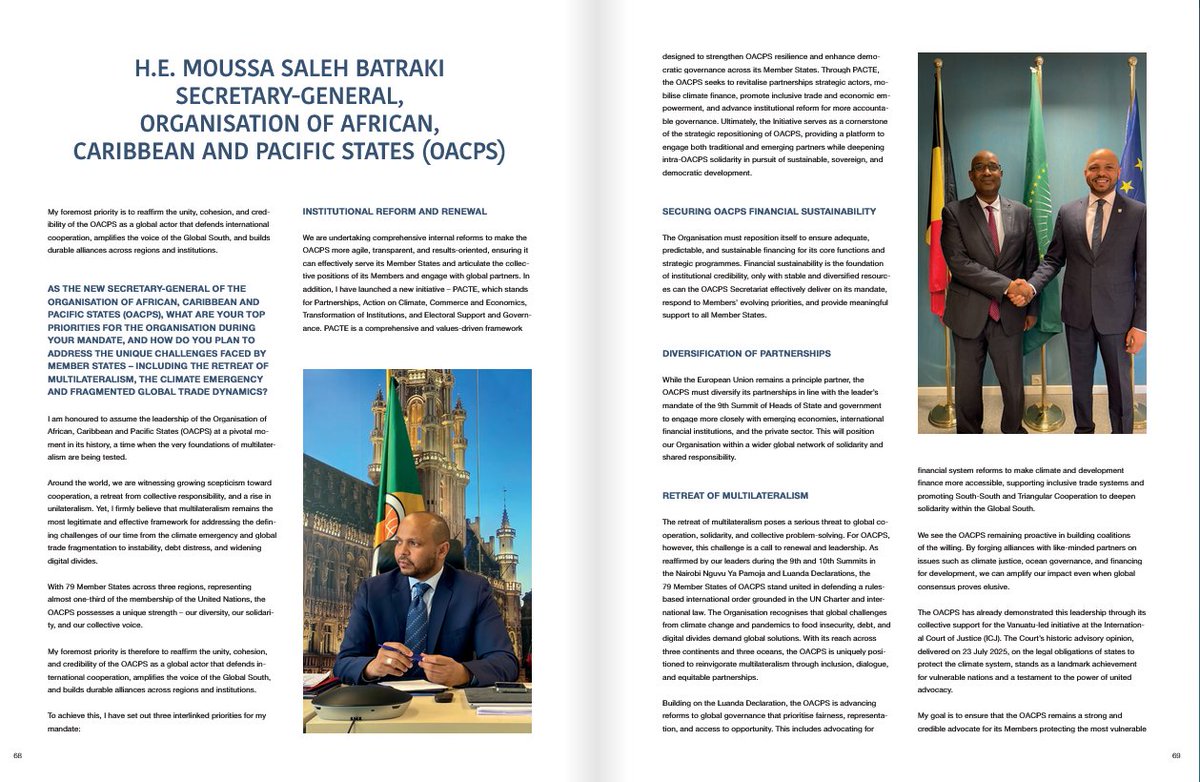 DiploWorld's tweet image. 🎙️ In an exclusive interview with @DiploWorld, Secretary General of OACPS @PressACP, H.E. Moussa Saleh Batraki @MBatraki, speaks of his priorities to reaffirm the unity, cohesion, and credibility of the #OACPS as a global actor that defends international cooperation, amplifies…
