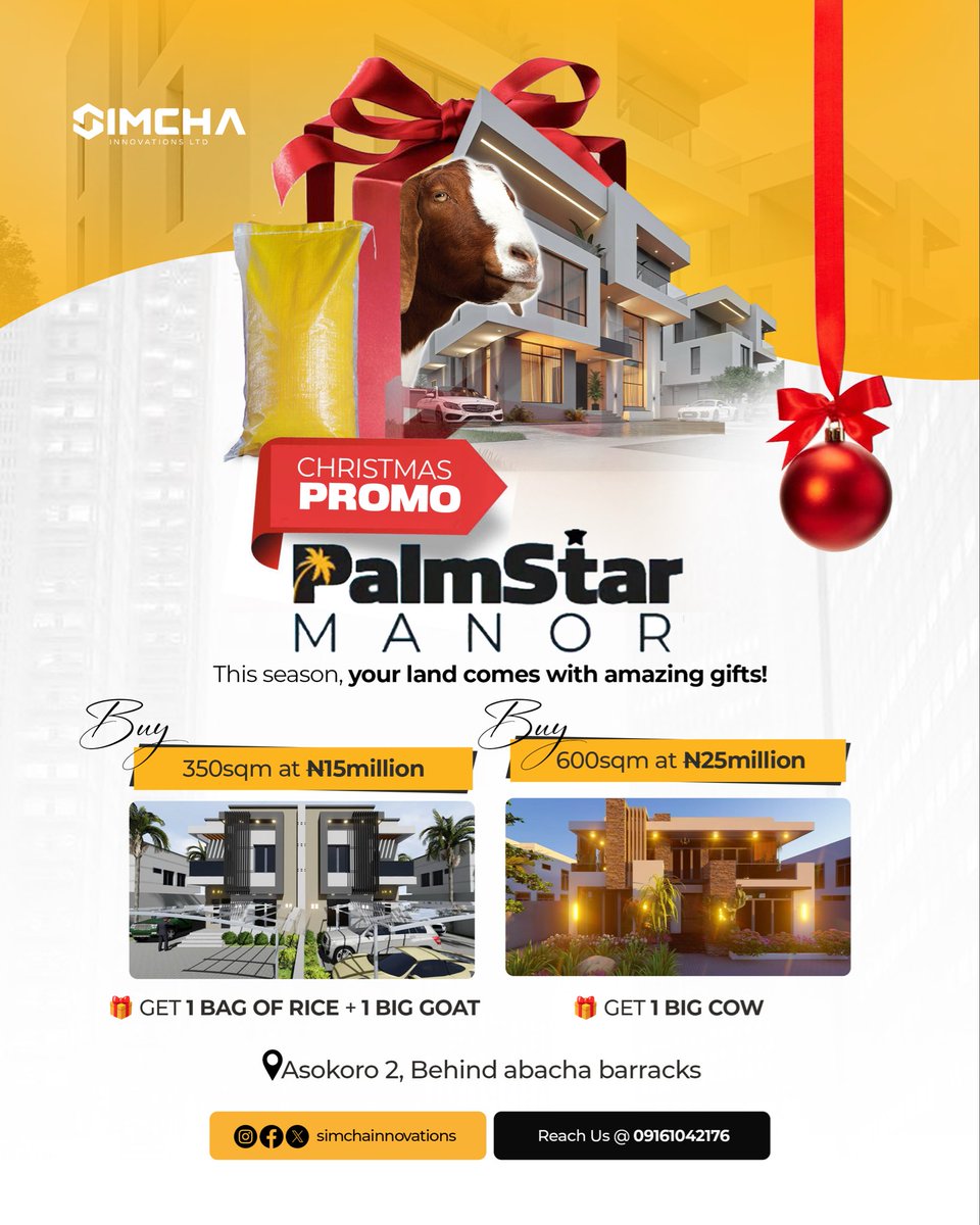 simchaltd's tweet photo. This season, we’re giving you more reasons to invest. 🎁 Secure your plot at PalmStar Manor and get amazing Christmas gifts instantly! #simcha #realestate #landforsale #christmaspromo #christmasdiscount https://t.co/wbUxqSAEWO