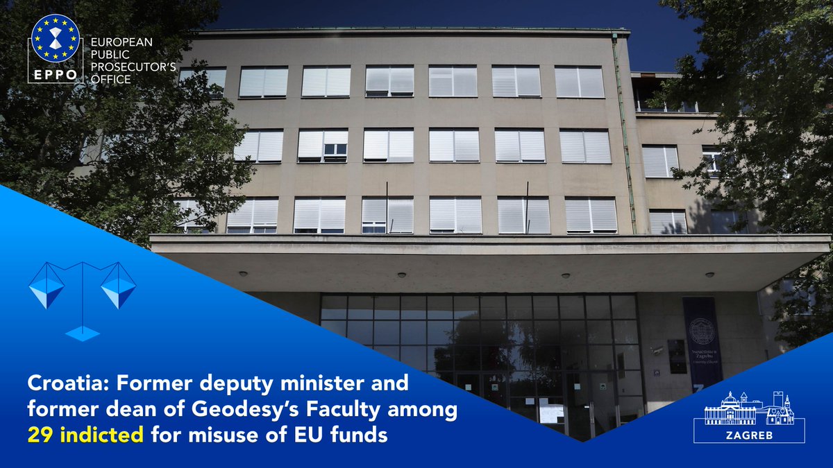 The EPPO in Zagreb 🇭🇷 has filed an indictment against 29 Croatian citizens, including a former deputy minister at the Ministry of Culture, a former dean and an ex-professor at the Faculty of Geodesy, for misuse of EU funds. More: eppo.europa.eu/en/media/news/…