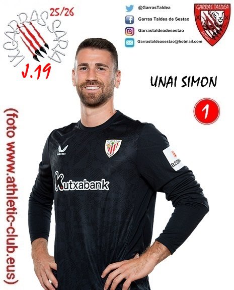 VIII. GARRAS SARIA MASCULINO 2025/26🦁🐾🐾
Los soci@s de Garras Taldea de Sestao han elegido como jugador con más ''GARRA'' del partido de la jornada 19 contra el REAL MADRID a UNAI SIMON
Garras UNAI
garras!!🐾🐾