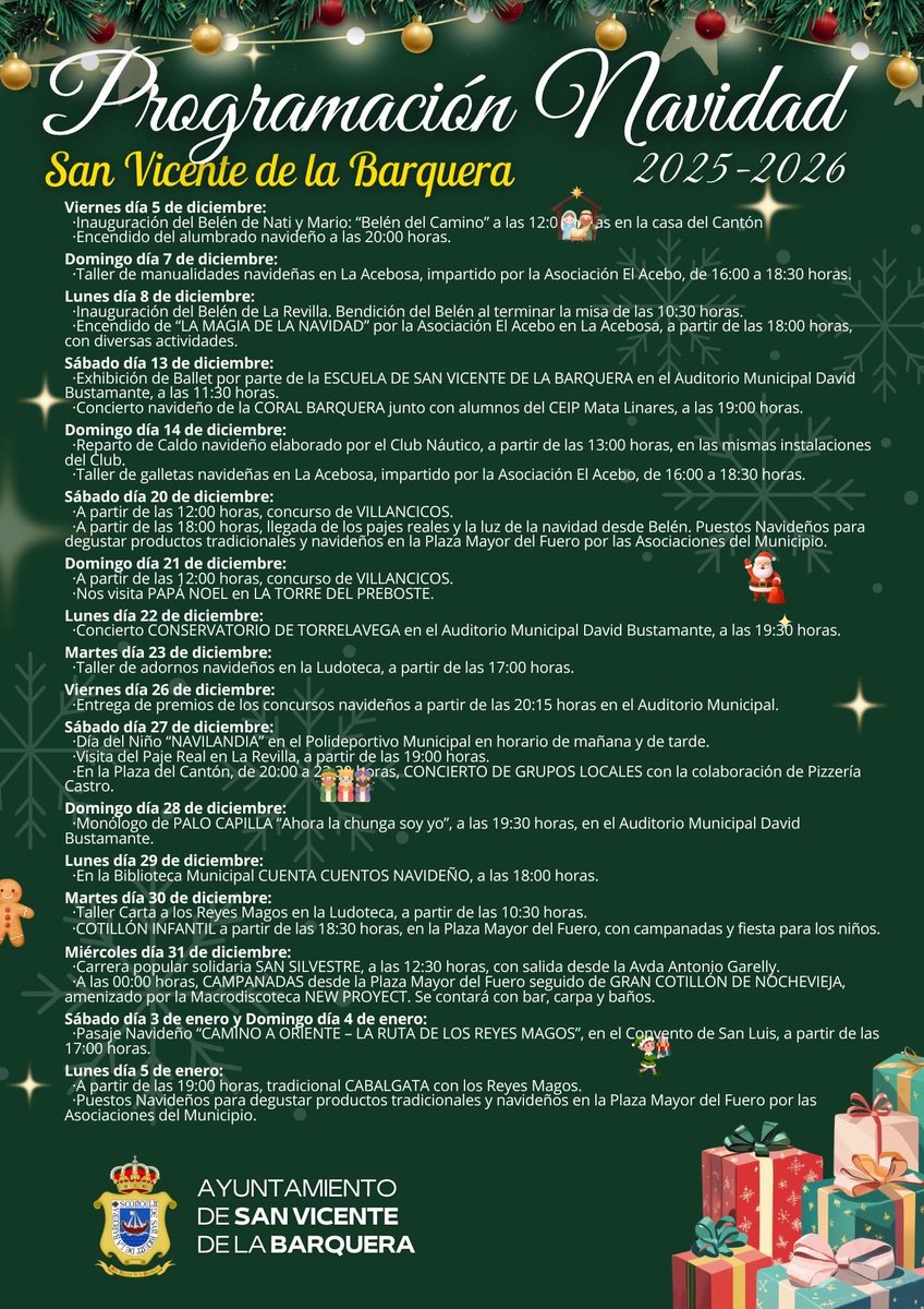 🗓️ ¡PROGRAMACIÓN NAVIDAD 2025/26! 🎄

🌟 ¡Toma nota de la programación que hemos preparado para estas Navidades en San Vicente de la Barquera y no te pierdas nada! 🎅🏻

#SanVicentedelaBarquera