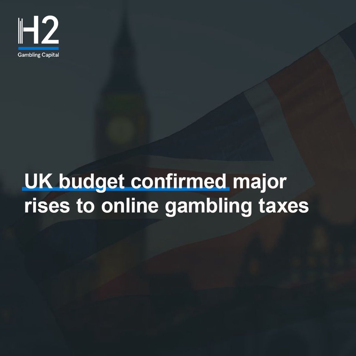 The UK Budget confirms major online gambling tax hikes: RGD to 40% in 2026 and RBD to 25% in 2027. H2 forecasts a smaller tax uplift (£800m vs OBR’s £1.1bn) as reduced bonusing and rising offshore play push channelisation down to ~84%. 
Full analysis: h2gc.com

#UK