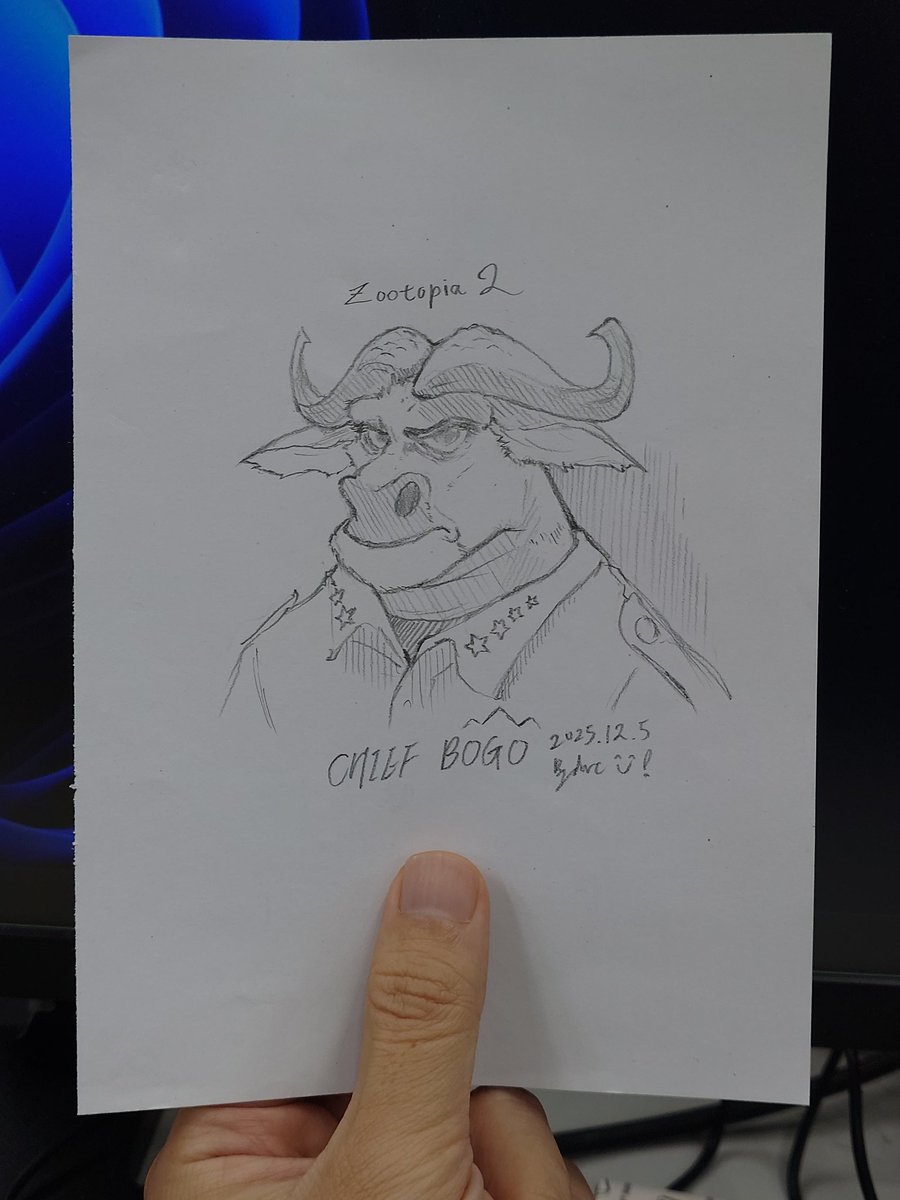 arcchen613's tweet image. #ズートピア2
『ズートピア』で一番好きなキャラクターを聞かれたら、
私は絶対にボゴ署長って答えるよ。
見た目は怖いけど、本当はすごく優しい“硬派で情に厚いタイプ”。
だからつい描きたくなっちゃったんだよね &amp;gt;
動物って描くの難しいよ～～～。