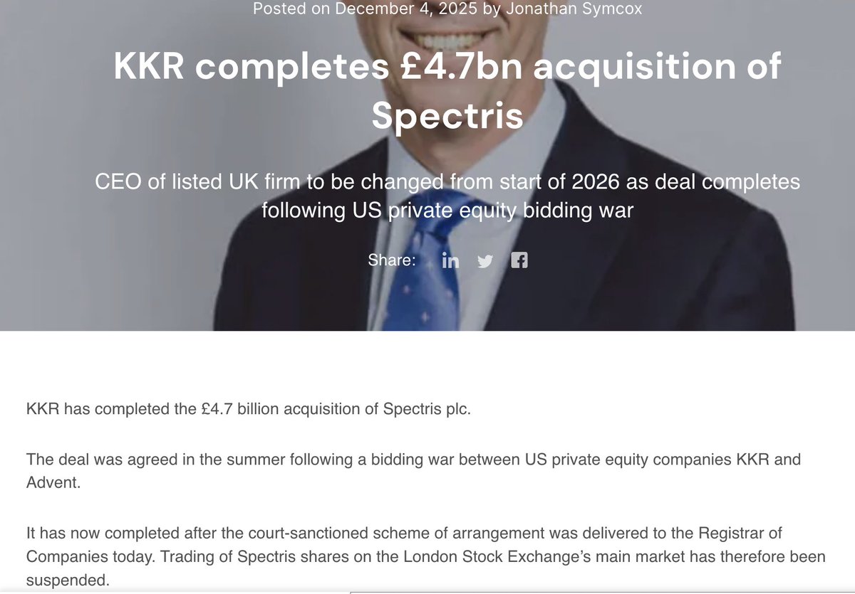 thejohnbernard's tweet photo. Exciting news. Spectris PLC are formally acquired by KKR, the biggest UK acquisition this year at £4.7b ($6.3b). It’s been a great learning experience into the world of PE and a busy time the last 6 months. With all shares acquired by KKR, we will de-list from @LSEplc from today. https://t.co/328DI7GusV