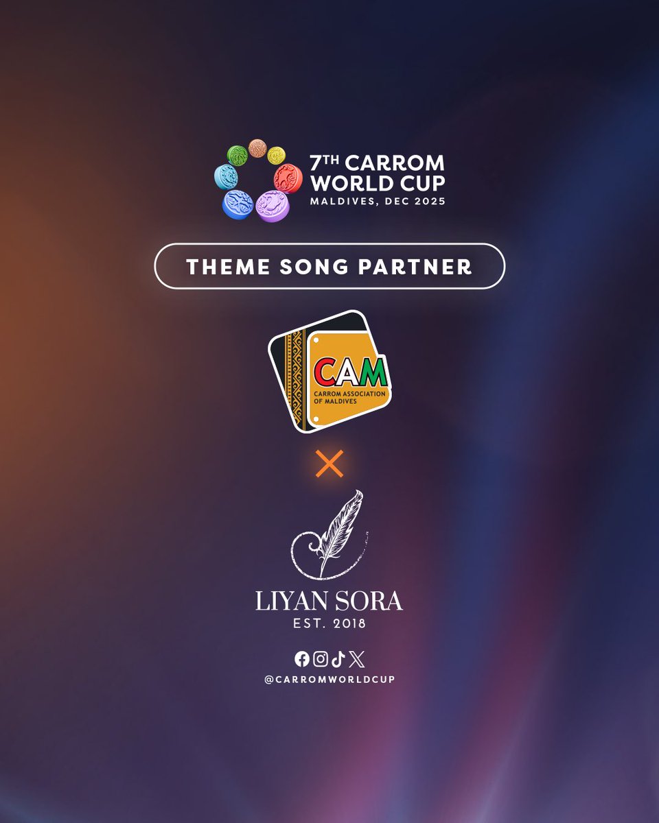 carromworldcup's tweet photo. Theme Song Partner — Liyan Sora

Thank you for your outstanding support and for bringing the CWC25 theme to life. We truly appreciate your contribution.

#CarromWorldCup #Carrom #Maldives https://t.co/RxYYo4mqkO