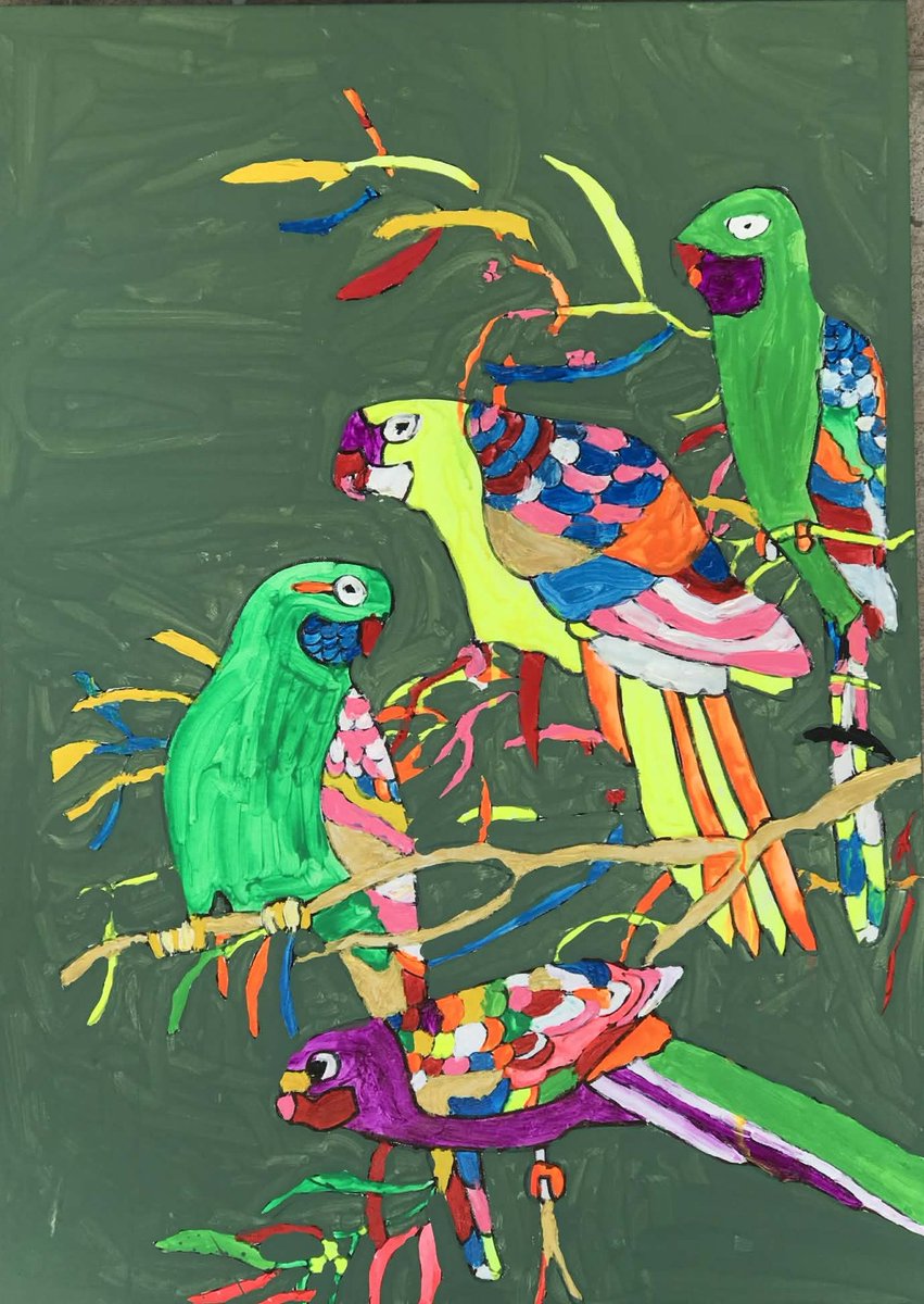 Title:  Four parrots perched on a branch. : 枝に止まった4羽のオウム : นกแก้ว 4 ตัวเกาะกิ่งไม้
Technique : Acrylic on canvas.
Size : 50x70 cm.

I'm vivid colour expressions artists.