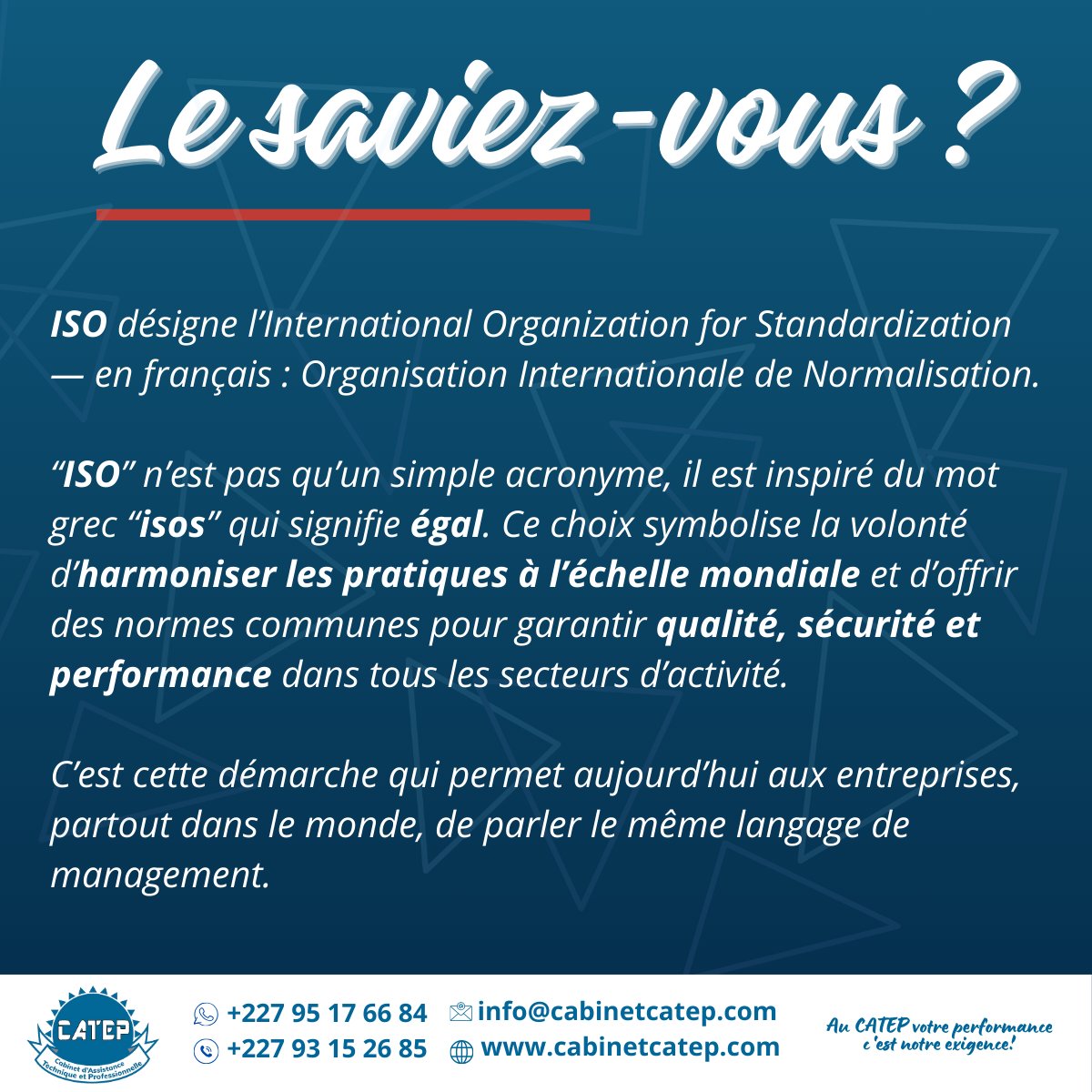 Cabinet_CATEP's tweet photo. Saviez-vous d'où provient le nom "ISO"?
#LeSaviezVous #ISO #InternationalOrganizationForStandardization #QSE #Management #Qualité #Audit https://t.co/nWtb5fh50E