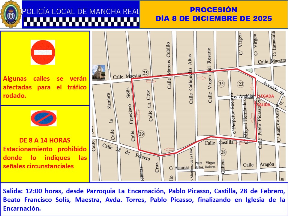 Próximo domingo, día 8 de diciembre, a partir de las 12,00 horas, desde la parroquia de La Encarnación, dará inicio procesión de la Inmaculada Concepción. Se prohíbe el estacionamiento donde lo indiquen las señales circunstanciales en horario de 8 a 14 horas.
