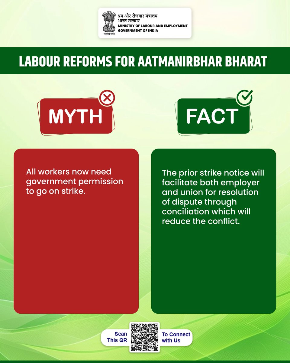 nlcindialimited's tweet image. There is a misconception that the Code imposes a complete ban on strikes. In fact, strikes are not banned; the provisions are simply regulated to ensure a structured and transparent process for resolving disputes.

#LabourCodes #MythVsFact #WorkerRights #IndustrialRelations