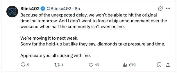 Crypto_Nolt's tweet photo. $B402 #B402 @Blinkx402
2mESiwuVdfft9PxG7x36rvDvex6ccyY8m8BKCWJqpump

Another stupid sell off bc the dev delayed the announcement cause of IRL shits / Storm in the Colorado and he'd rather do it next week for full impact. Well it is what it is.

Round 2 ? Im buying