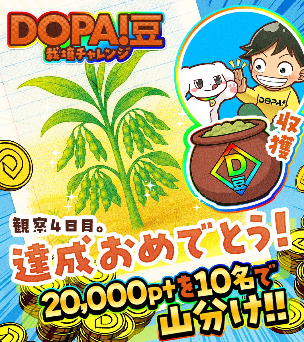 🌱🫘DOPA!豆栽培チャレンジ🫘🌱

達成おめでとう✨️
みんなのお陰で、無事育って収穫できたよ⋯!!
20,000ptを10人で山分けだ～✌️

・参加方法
フォロー＆リポストで参加!!

・参加期間
12/7 23:59まで

・当選率🆙方法
好きな豆料理🍲をリプライ

#DOPADBスタンプラリー