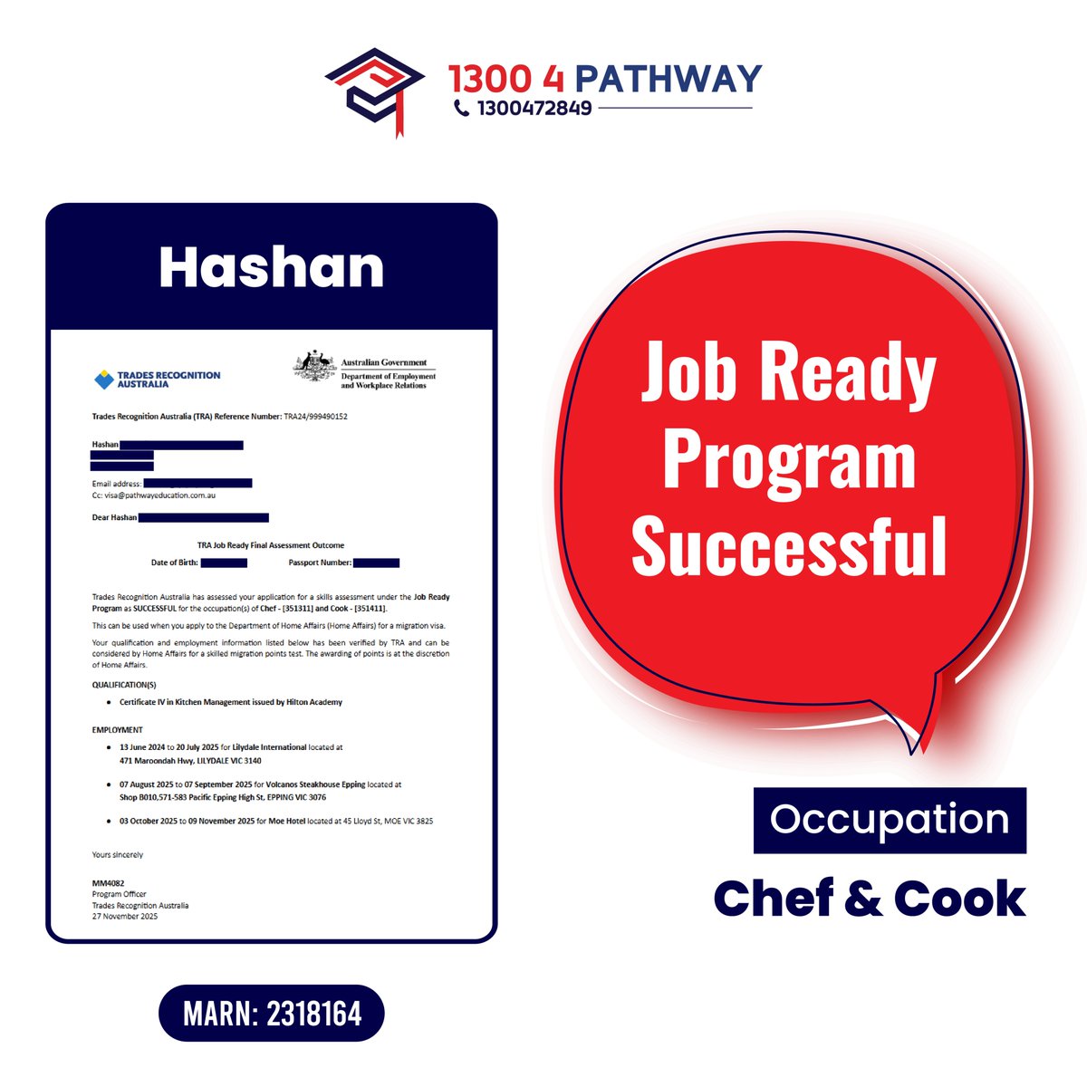 pathway_edu_au's tweet photo. 🌟👨‍🎓 Celebrating Hashan 's Job Ready Program Success Story!

✅Occupation: Chef &amp; Cook

#chef #cook #jobreadyprogram #Successstories #Visa #VisaSuccess #EducationConsultation #MigrationServices #NewBeginnings
#tradecourse #vocationalcourse https://t.co/HU260e3Bm3