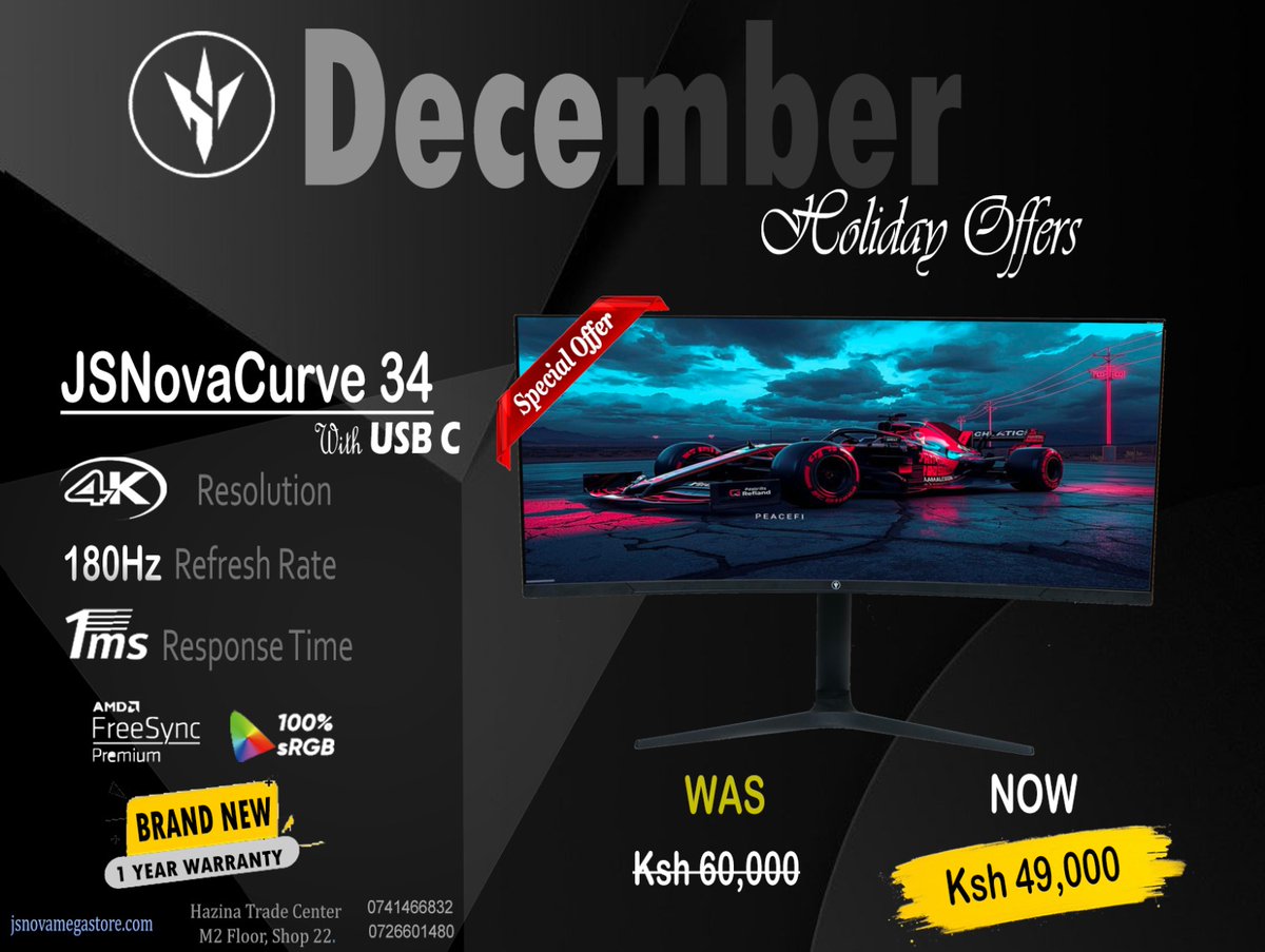 JsNova35146's tweet photo. 🔥 Unlock a New Level of Speed, Clarity & Immersion!
Introducing the Brand New JS NovaCurve 34” 4K Ultra-Wide Curved Monitor (Auren Series) — engineered for creators, gamers, and productivity pros who want more than just a display.
✨ Specs:
✅ 3840 × 1440 (4K QHD) resolution
✅ 1500R Curved Screen
✅ 180Hz Refresh Rate + 1ms Response Time
✅ 21:9 VA Panel with 100% sRGB
✅ AMD FreeSync Premium
✅ Type-C Support

💰 Price: Was Ksh. 60,000 | Now Ksh. 49,000
📍 Hazina Trade Center, M2, Shop 22
🌐 https://t.co/rAzCPW2z99
⚡ Transform your setup. See more. Do more. Game better. 🖥️🔥
#investinchildren #RHOSLC #DefendingOurSovereignty #SpotifyWrapped #FailedProtests #ChangeYouCanSee #1STWorldTalantaStadium #DeliveringAHPDream #investinchildren #RHOSLC #DefendingOurSovereignty #SpotifyWrapped #FailedProtests Change You Can See #1STWorldTalantaStadium #DeliveringAHPDream