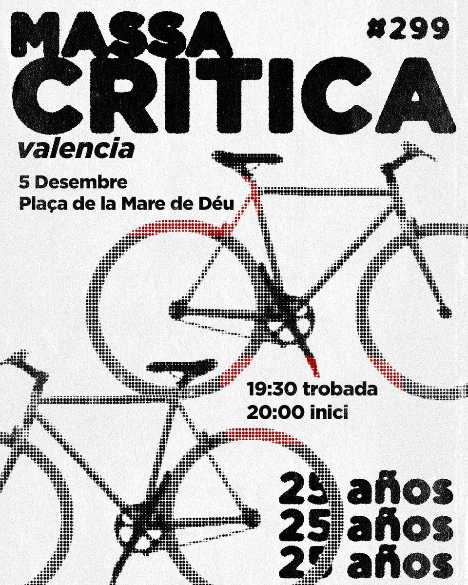Massacriticavlc's tweet photo. 🎂 Hoy la Massa Crítica València cumple 25 años 🎂

Celébralo, como siempre, el primer viernes de mes dando una vuelta por la ciudad, demostrando que una ciudad más amable es posible.

Un montón de bicis coincidimos a las 19:30 en la Plaza de la Virgen. 

¡Viva la bici! https://t.co/x8rQbTGn0G