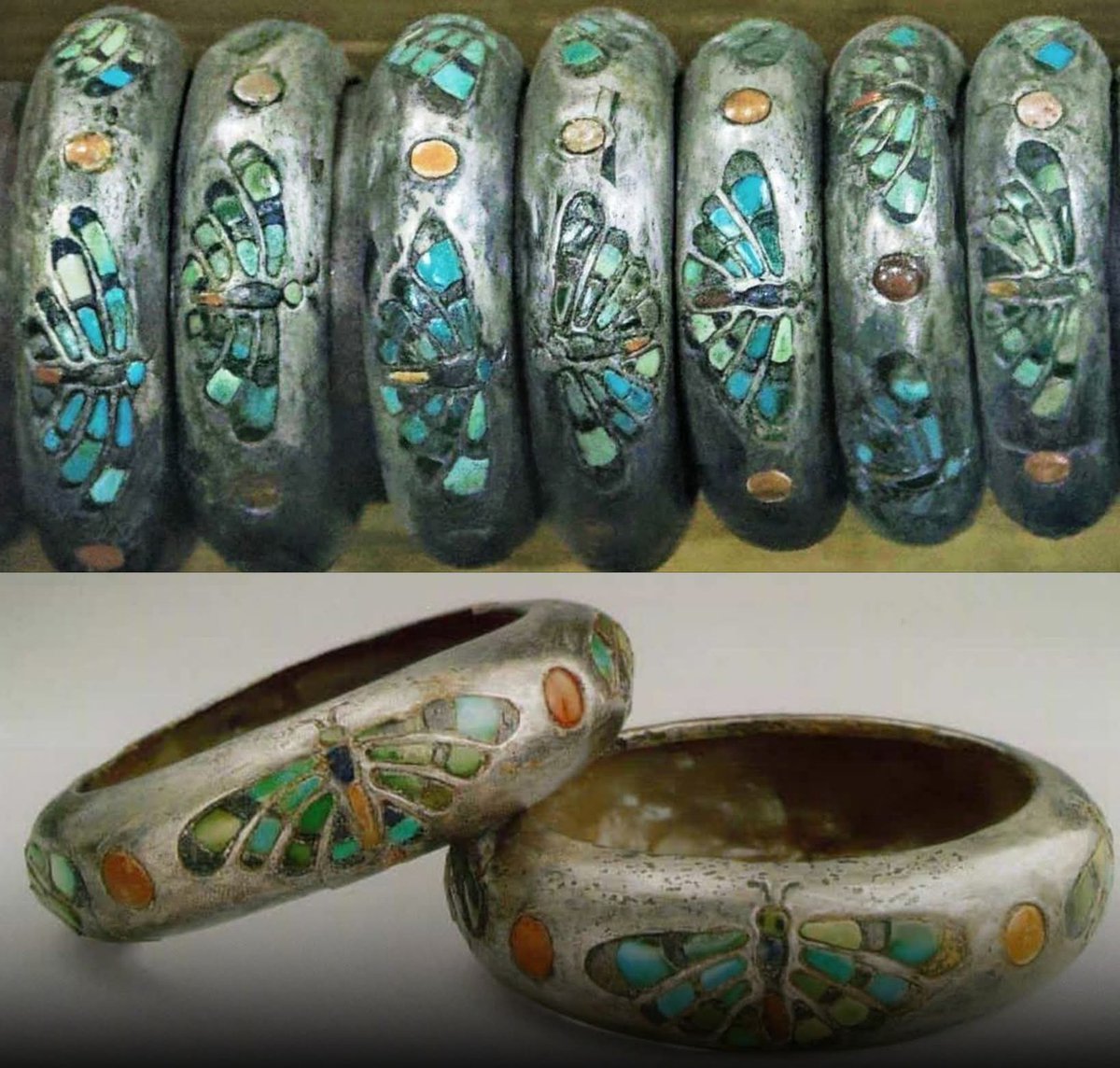 histories_arch's tweet photo. The silver bracelets of Queen Hetepheres I are among the earliest known silver objects in Egypt, offering a rare look into Old Kingdom luxury. Their refined craftsmanship reflects the artistic brilliance of the 4th Dynasty court and its devotion to symbolic design. Each bracelet features a butterfly motif created with vivid semi-precious stones, showcasing both elegance and meaning. Their beauty highlights the queen’s elevated status within early royal history.

Made of silver, turquoise, lapis lazuli, and carnelian, the bracelets demonstrate the Egyptians’ mastery of combining imported and native materials. The butterfly design reveals artistic innovation at a time when silver itself was scarce and valued even more highly than gold. Their preservation provides important insight into ancient trade routes and specialized craftsmanship. Through these materials, the bracelets embody both aesthetic achievement and cultural depth.

Discovered in the tomb of Hetepheres I near the Great Pyramid of Giza, the bracelets offer a direct connection to one of Egypt’s most influential royal families. Their recovery helped archaeologists understand burial practices and the wealth surrounding the early pyramid builders. Now housed in the Egyptian Museum in Cairo, they continue to inform research on ancient artistry. Their survival allows viewers today to appreciate the refined elegance worn by a queen nearly forty-five centuries ago.

#archaeohistories