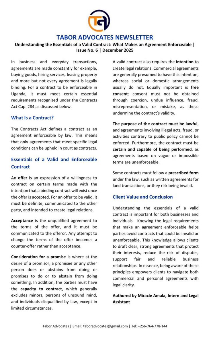 TaborAdvocates's tweet photo. In today’s fast-moving business environment, many disagreements arise because parties rely on agreements that fail to meet the legal standards of a valid contract. Knowing what makes a contract valid  is essential for anyone entering commercial or personal transactions. https://t.co/7UWFh5muRY