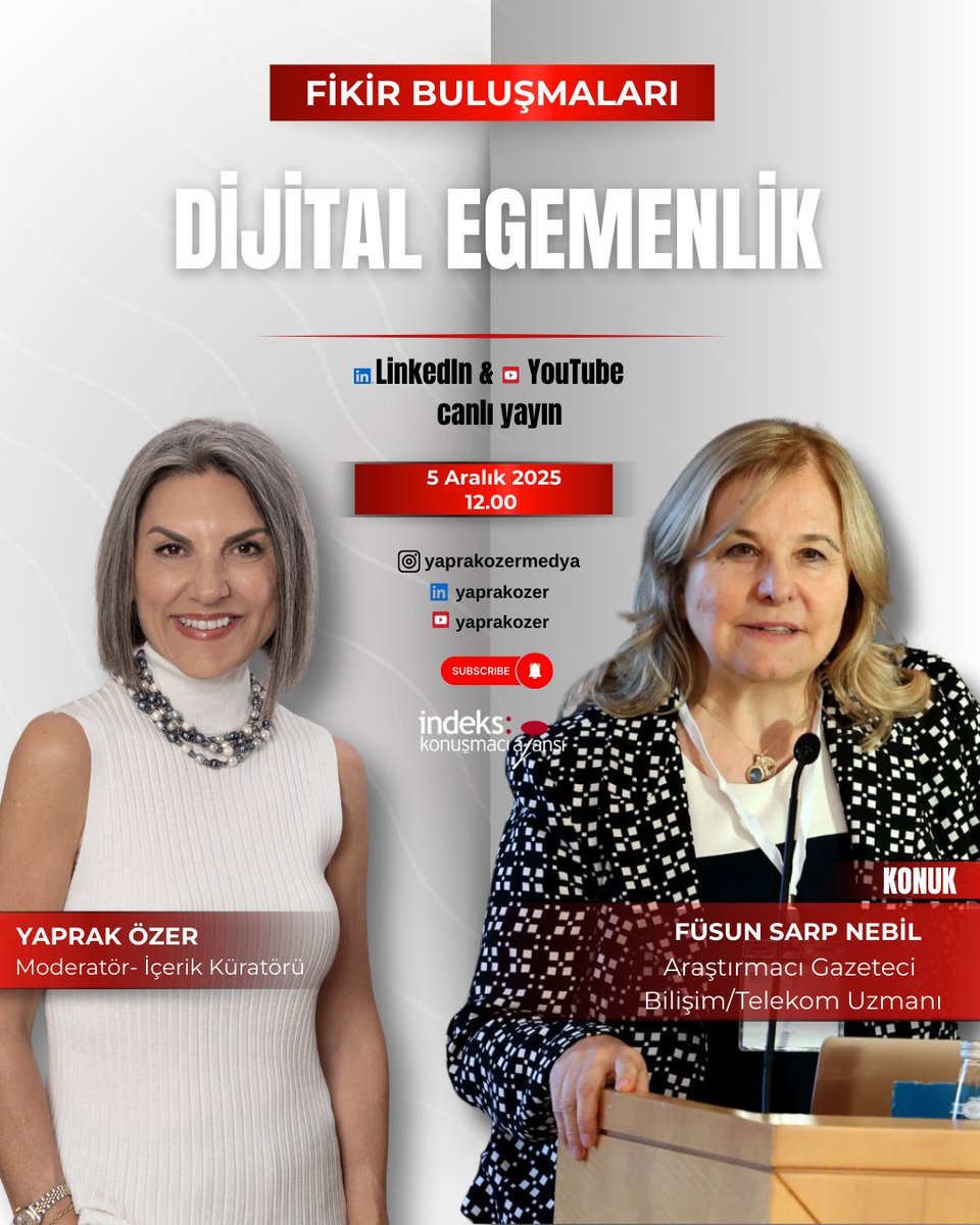 “Finansal egemenlik”ten sonra odağı genişletiyorum. Bu kez Füsun Nebil’le “dijital egemenlik” başlığını konuşacağım. 

5 Aralık saat 12.00'de bekleriz: 

youtube.com/live/Hf7OeGbPw…