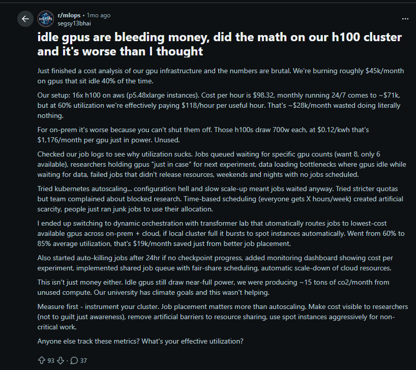 swiftcompute's tweet photo. Teams squander fortunes on MIG isolation, while clusters sit idle at just 60% capacity. Here's the untold secret:

Time-slicing can triple your utilization without dragging down latency for most workloads. Yet, infrastructure teams opt for costly over-provisioning, fearing the risks of shared GPUs.

The true cost lies not in the hourly fee but in the unseen inefficiencies. Think GPUs twiddling their silicon thumbs waiting on I/O, invisible scheduler races, and memory transfers that dashboards misleadingly label "healthy."

You're not just shelling out for compute. You're funding infrastructure that deceives you about what's truly going wrong.
