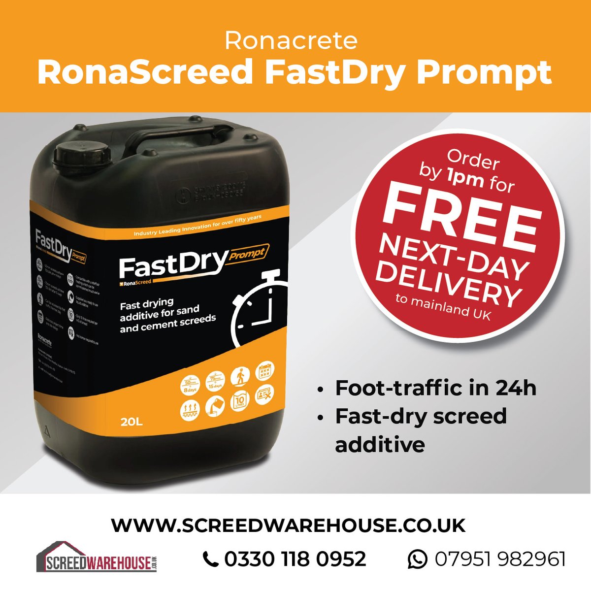 RonaScreed FastDry Prompt: In stock now! 
Order before 1 pm for next‑day delivery to mainland UK

Get yours now at screedwarehouse.co.uk/product/ronacr…

#RonaScreed #Ronacrete #FastDryPrompt #RapidScreed #FloorPrep #ConstructionUK