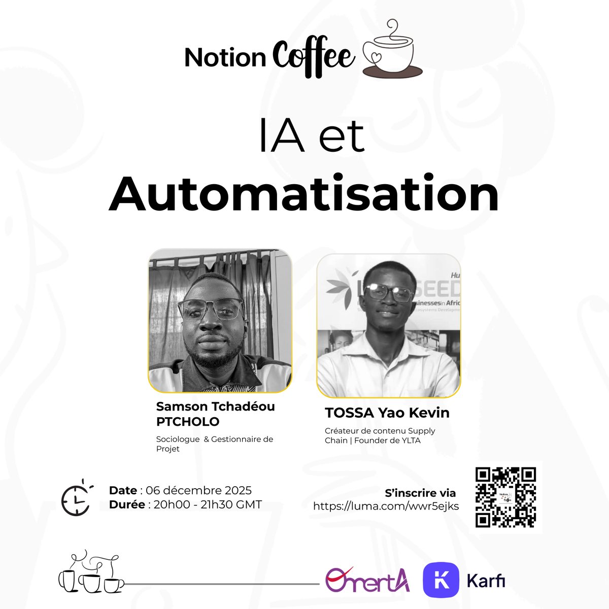 Notion Coffee…

Rendez-vous est pris sur ce 06.12.2025 avec Samson Tchadéou PTCHOLO et TOSSA Yao Kevin autour du thème : IA et Automatisation.

Participez via luma.com/wwr5ejks

#NotionTogo #NotionCoffee #Notion #Africa