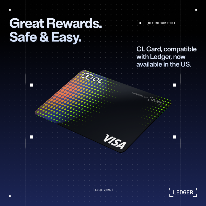 Ledger's tweet photo. Unlock the power of your crypto with the CL Card, compatible with Ledger.