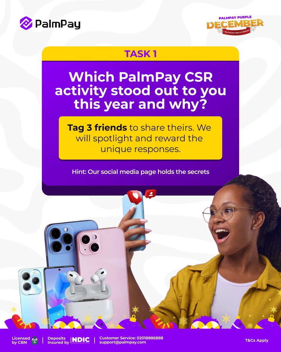 Week 1 task is LIVE!

It's time to shine and tell us which PalmPay CSR activity made the biggest impact on you this year.

Complete this week's task, and you could grab an Earbud and more.

How to get started:
1. Follow our page
2. Share the CSR moment that stood out to you and