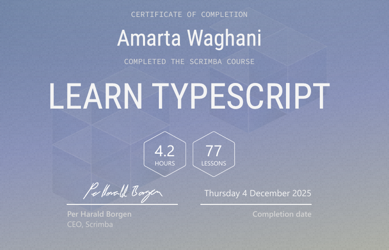 Completed the Fundamentals of TypeScript course from <a href="/scrimba/">Scrimba</a>!

I learned the fundamentals of TypeScript and how type safety is used in React and Express.js.

Completed 77 lessons and 67 challenges, gaining valuable hands-on practice.

Great instructors: <a href="/bobziroll/">Bob Ziroll</a> @rachilJohnson