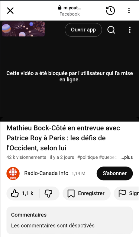 Vous êtes nombreux à m'écrire pour m'informer que mon entretien de 23 minutes avec Patrice Roy n'est plus disponible sur la chaine Youtube de Radio-Canada. Je suis persuadé qu'il s'agit d'une erreur technique, et qu'il sera bientôt remis en ligne. N'est-ce pas?