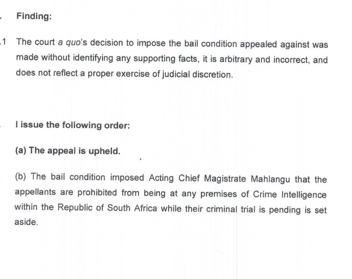 BREAKING NEWS | SAPS Crime Intelligence boss Lt-Gen Dumisani Khumalo’s bail condition - prohibiting him from returning to his office - has been set aside by the Pretoria High Court. 

He and two other co-accused had appealed the initial decision by Chief Magistrate Vusi Mahlangu.