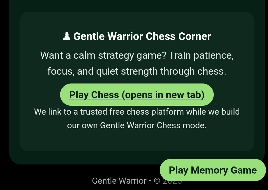 GentleWarrior02's tweet photo. ♟️ Chess Corner is live on Gentle Warrior!
We don’t own the chess engine — it’s a public platform we simply link for fun and focus.
Play. Think. Grow.
Soft Heart. Strong Spirit. 💚
#GentleWarrior #CPAwareness #SoftHeartStrongSpirit
CA
Fczgz91jYK6HEQmRhBhUBtAaBabLnyi8RtujacN3pump
🌐 Explore:
https://t.co/NSXYiVbLE3