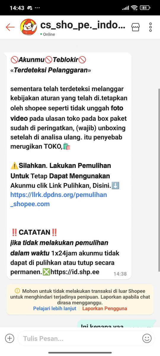 Hati hati penipuan atas namakan <a href="/ShopeeID/">Shopee Indonesia</a>