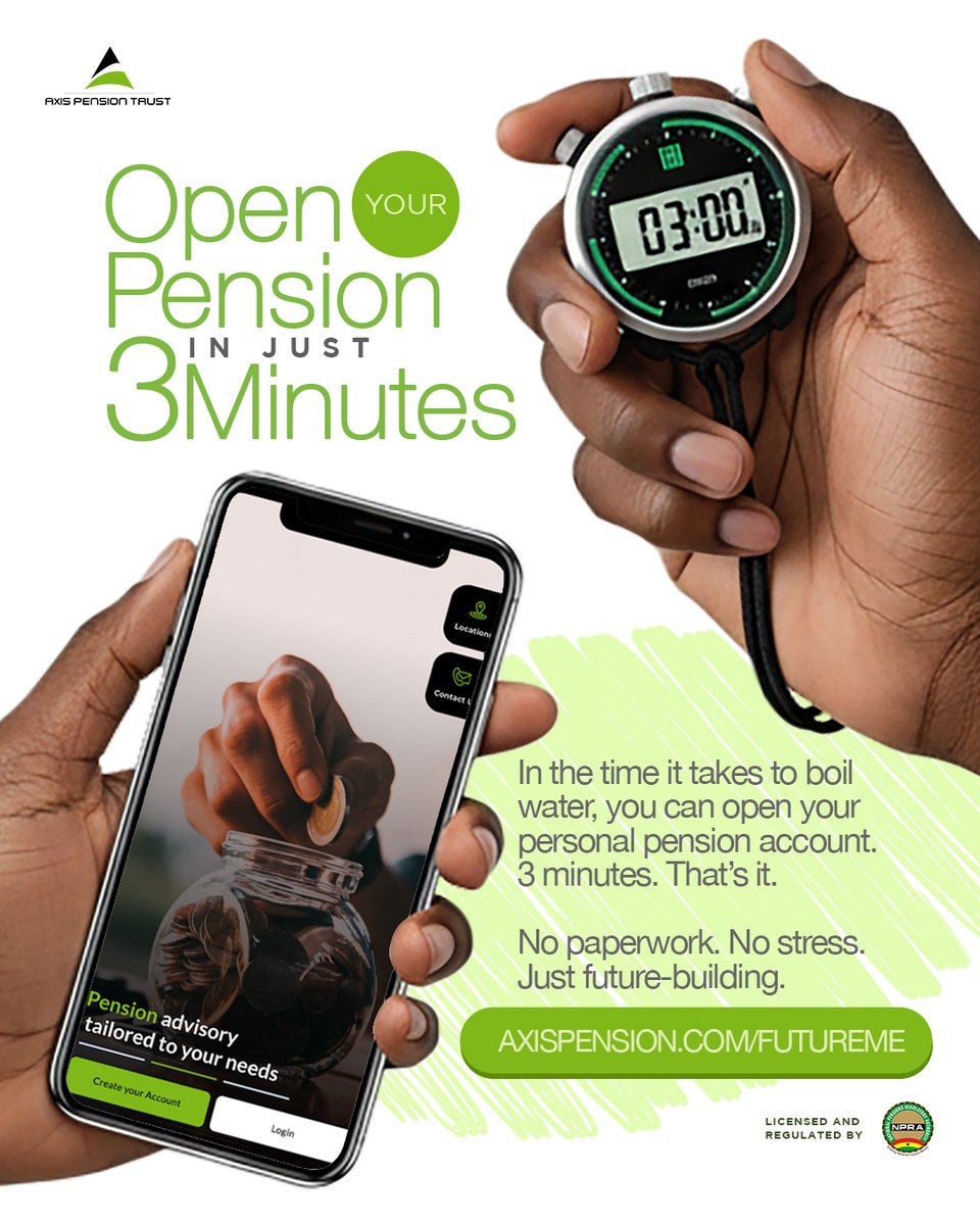 ⏱️ In the time it takes to boil water, you can open your personal pension account.

3 minutes. That’s it.

No paperwork. No stress. Just future-building.

➡️ axispension.com/futureme

#RetireInStyle #AxisPension #Ghana #FutureMe