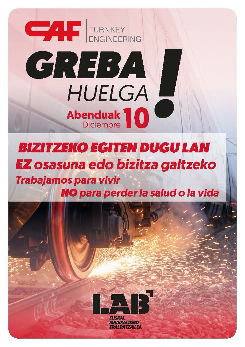 LABDurangaldea's tweet image. Abenduaren 10ean greba CAF Turnkey &amp;amp; Enginering Lebario tailerrean, CAFen filiala, plantillan osasunari buruzko prebentzio neurririk ez hartzearen ondorioz.

Langileek ez dute onartzen beren osasunarekin jolastea, bizitzeko egiten dugu lan, ez osasuna edo bizitza galtzeko.