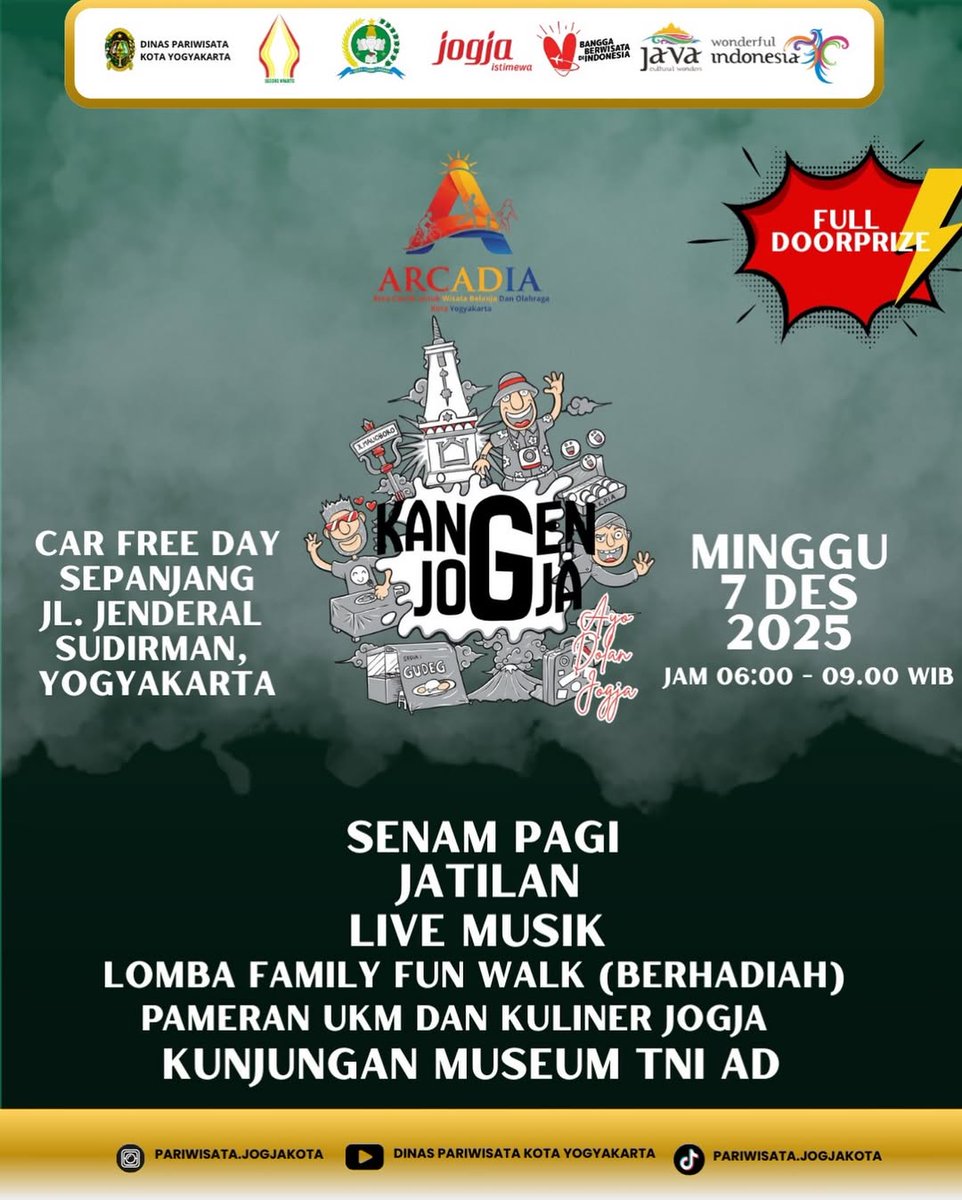 ✨ KANGEN JOGJA 2025 hadir lagi! ✨
Siap-siap nostalgia dengan suasana Jogja yang bikin rindu penuh hiburan, kuliner, dan kebersamaan!

📅 Minggu, 7 Desember 2025
🕕 Pukul 06.00 – 09.00 WIB
📍 Car Free Day – Sepanjang Jl. Jenderal Sudirman, Yogyakarta

#visitingjogja #visitjogja