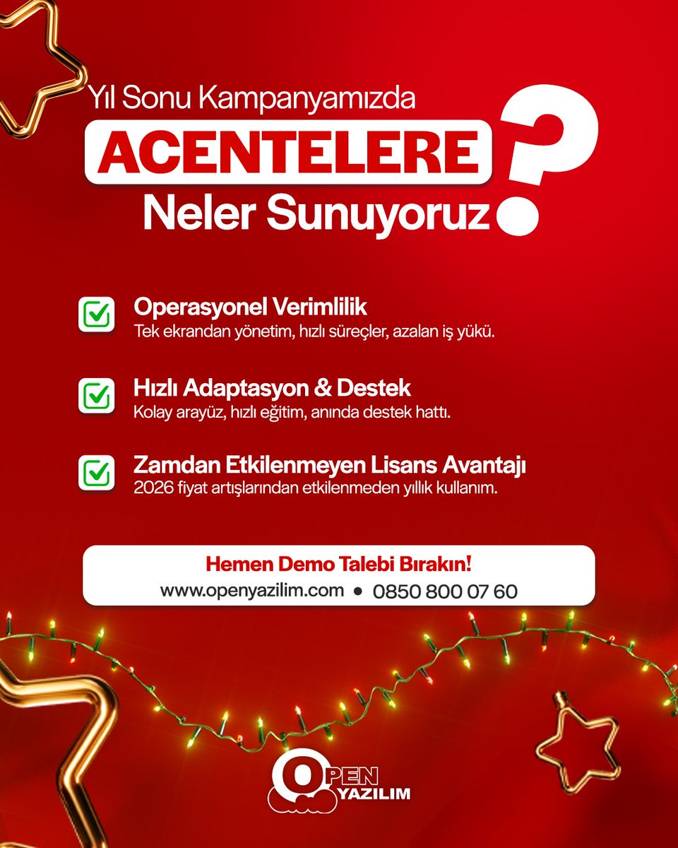 Yıl sonu kampanyamızda acentelere neler sunuyoruz? 🚀
Ücretsiz DEMO Talebi 
📌openyazilim.com 
📱 0850 800 07 60 
#sigorta #sigortacılık #acenteyönetimi #sigortaacentesi #sigortabrokeri #yılsonukampanyası #acenteyazılımı #dijitaldönüşüm