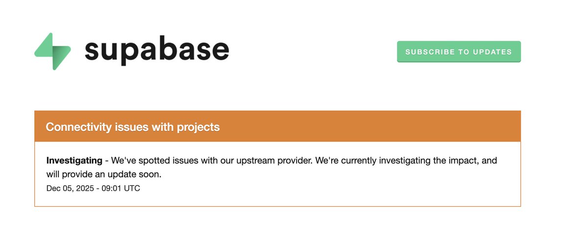 Cloudlfare down = Supabase down = not a cool combo

Cloudflare is really taking a hit lately and it seems to be happening more and more often.

This just happened a few days ago at a huge scale and it's happening again now.